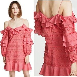 ALEXIS Calypso Ruffled Embroidered Fringe Party Dress in Rouge